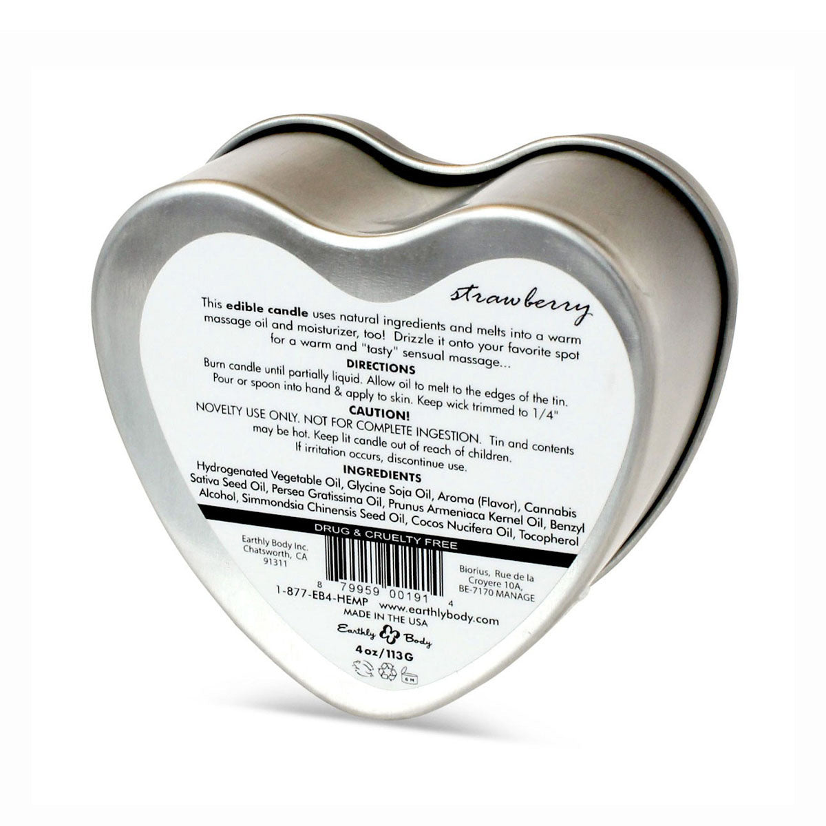 Earthly Body Edible Heart Massage Oil Candle Strawberry Flavored Scented 4.7oz