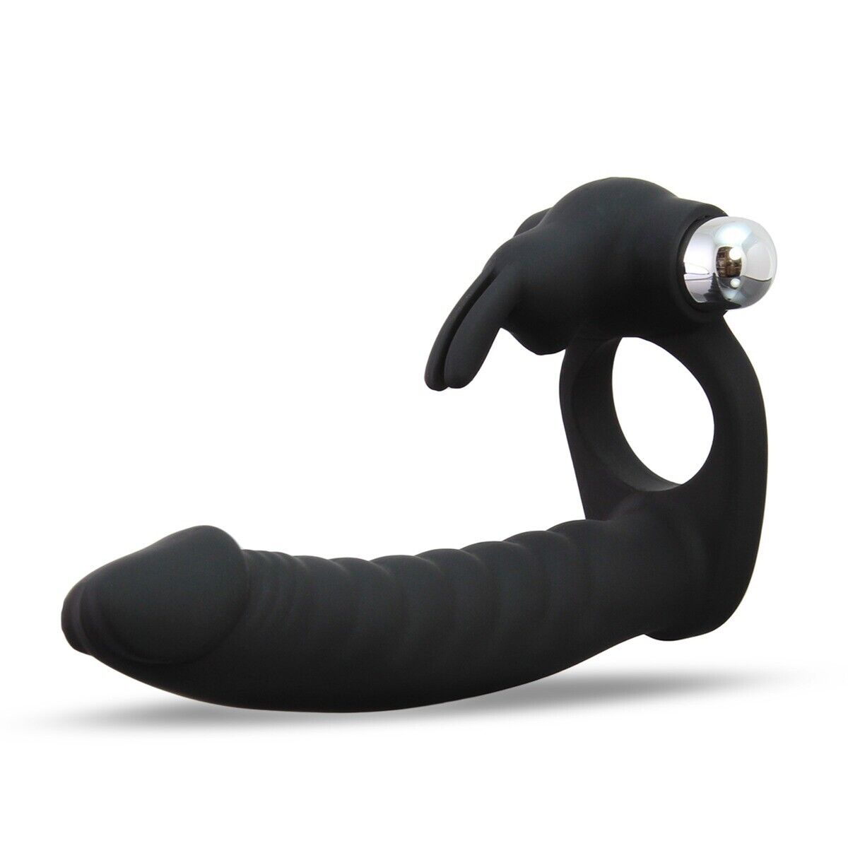 Silicone Vibrating Double Penetration DP Rabbit Cock Ring Anal Dildo Butt Plug