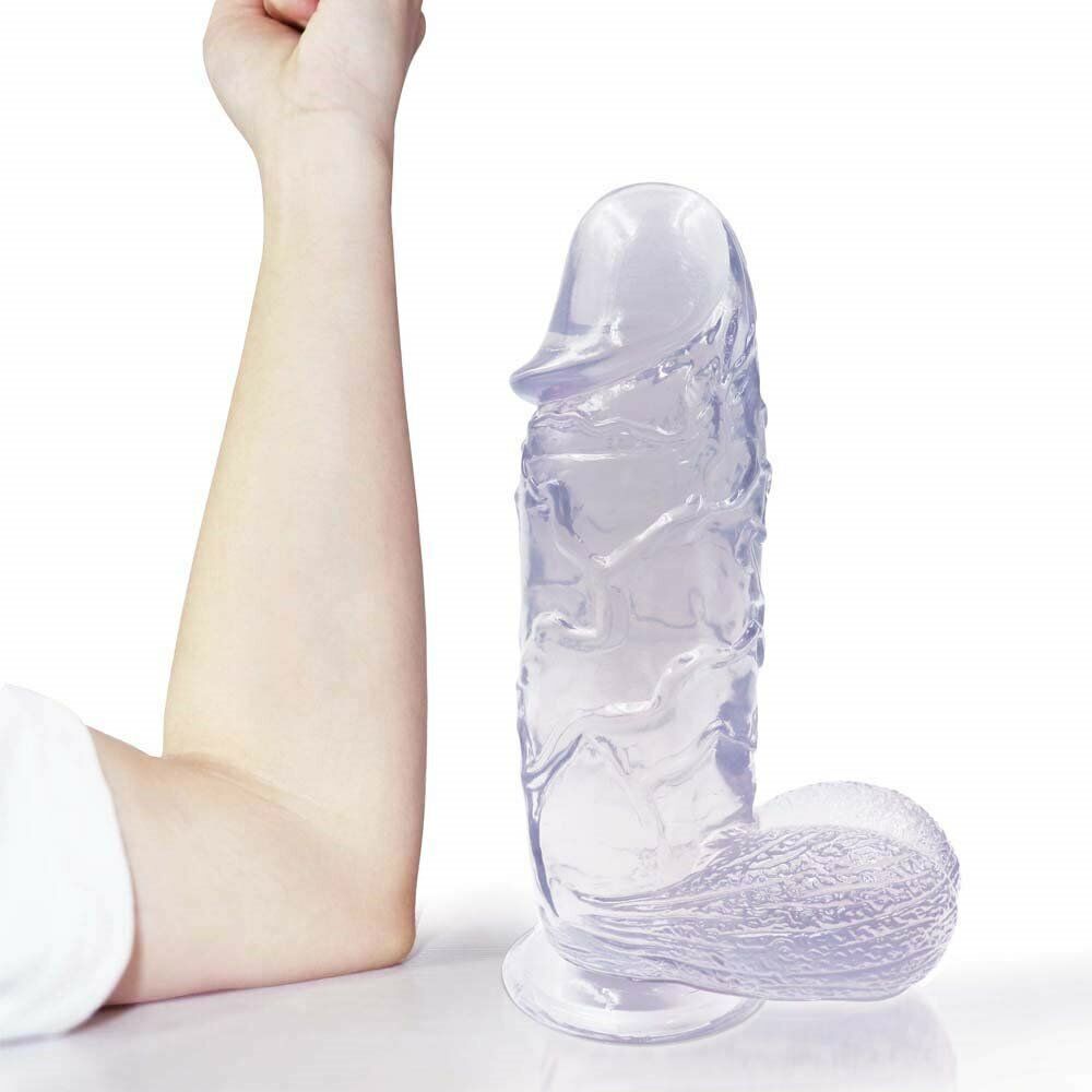 Clear XXL Huge Thick Realistic Dildo Cock with Balls Hands Free Suction Cup