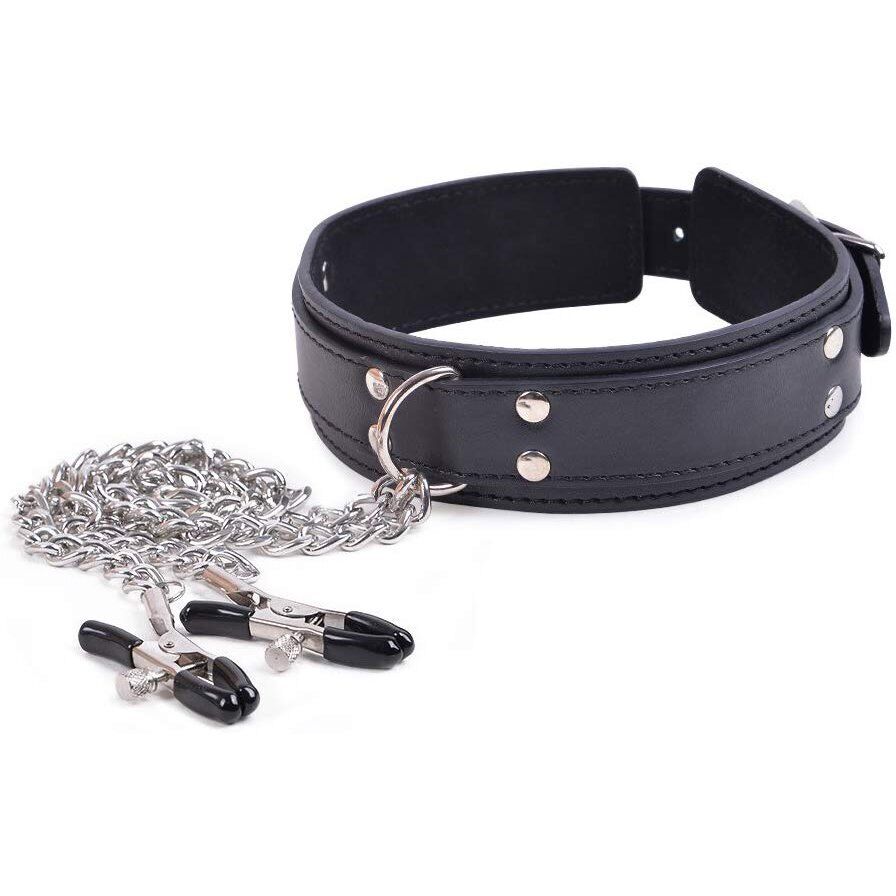 Fantasy SM Bondage Nipple Clamps with Metal Chain and Collar BDSM Gear Sex Toys