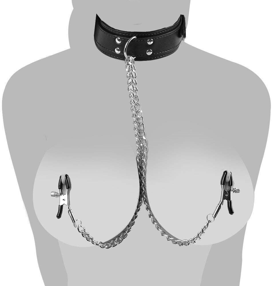 Fantasy SM Bondage Nipple Clamps with Metal Chain and Collar BDSM Gear Sex Toys