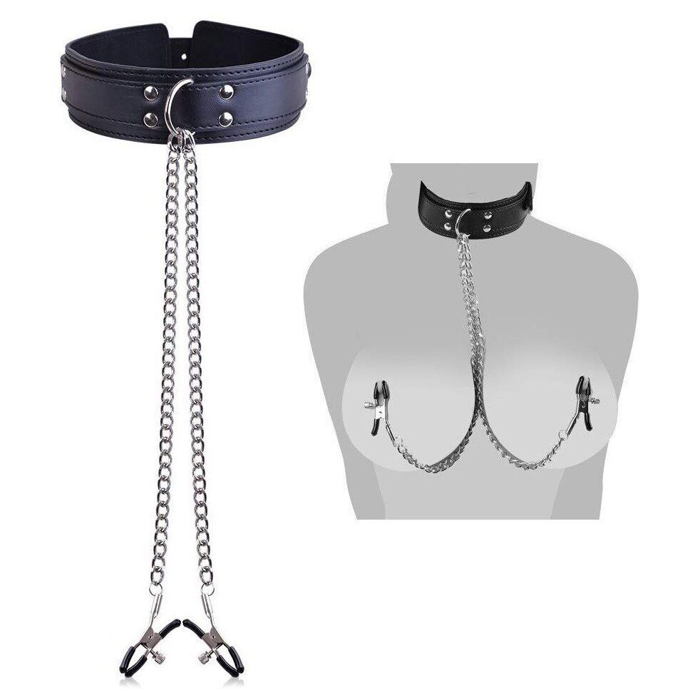 Fantasy SM Bondage Nipple Clamps with Metal Chain and Collar BDSM Gear Sex Toys