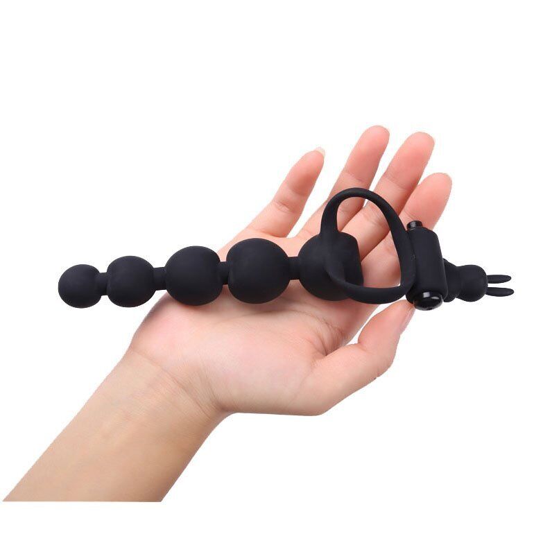 Silicone Vibrating Penis Enhancer Cock Ring with Anal Beads Couple Sex Toys