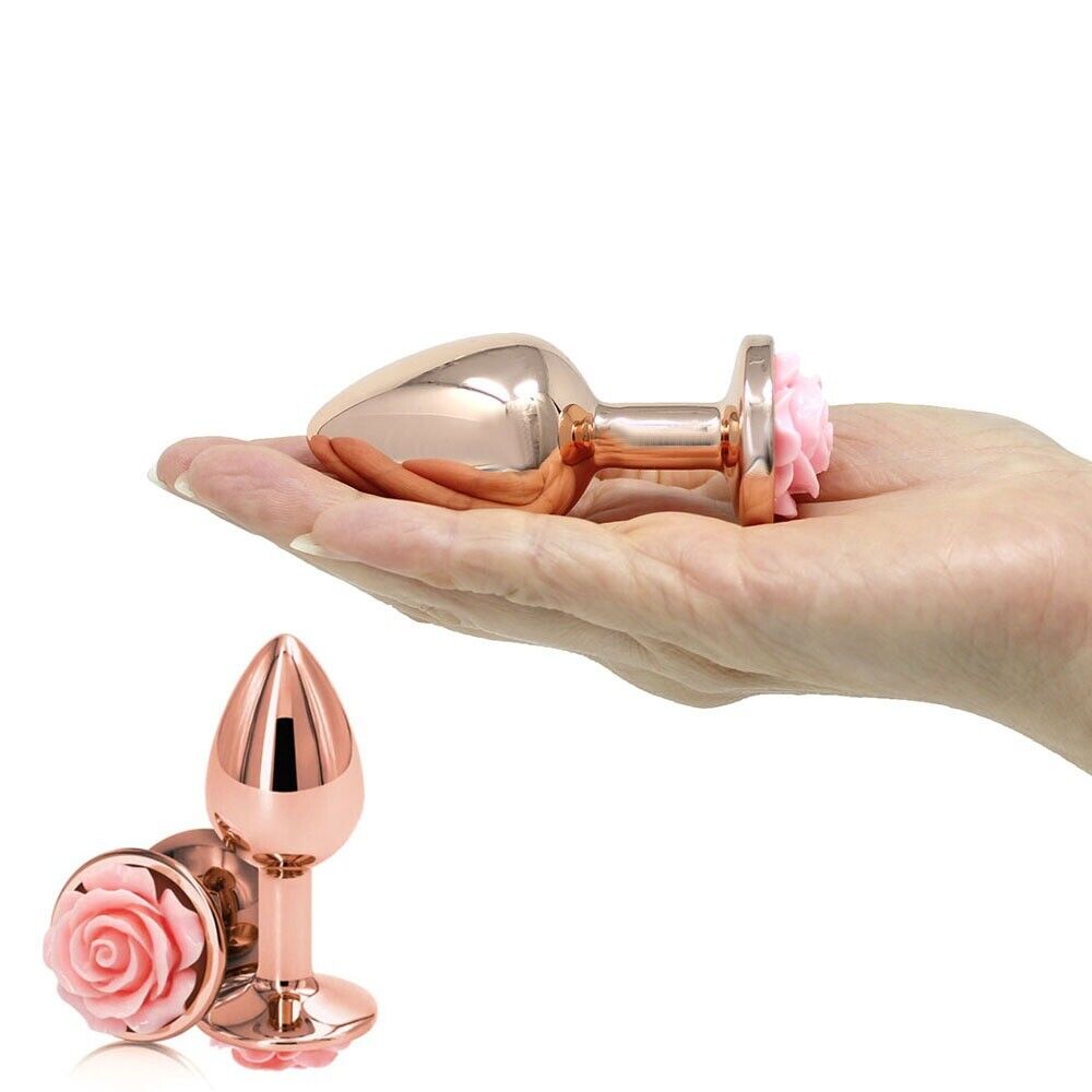 Rose Gold Metal Anal Butt Plug with Pink Flower Sex Toys for Women Men Couples