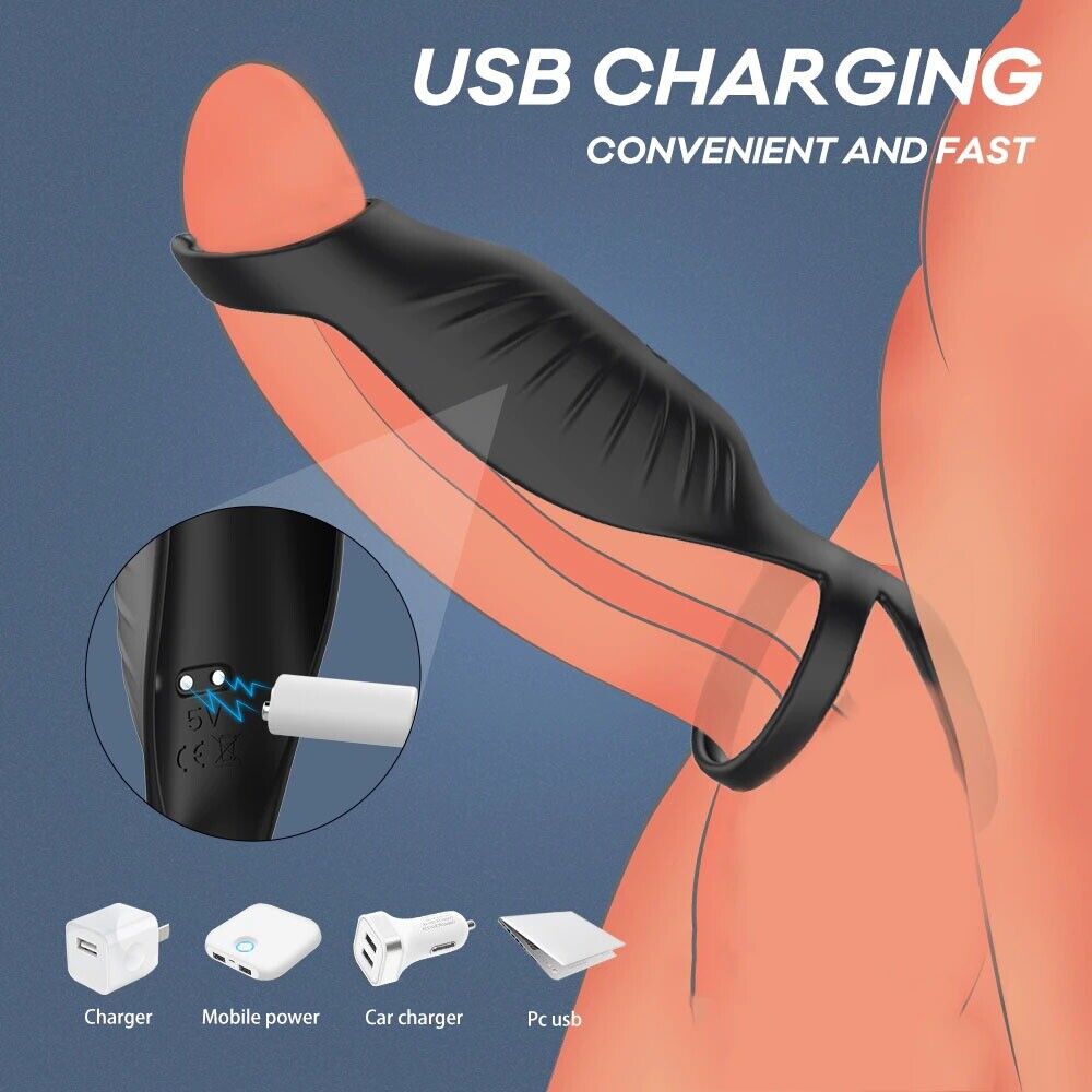 Wireless Vibrating Triple Cock Ring Penis Extension Sleeve Girth Enlarger