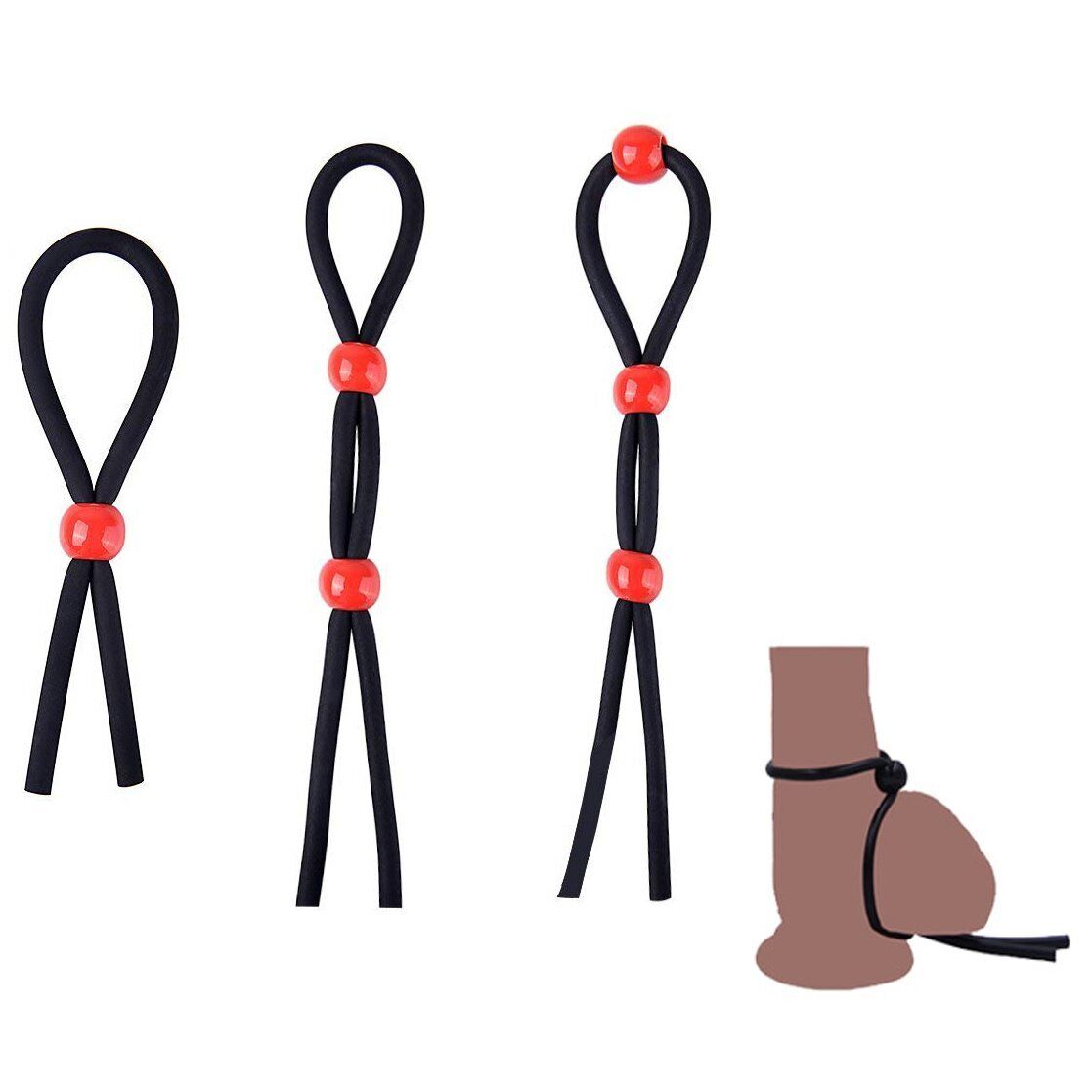 Stretchy Adjustable Silicone Lasso Penis Cock Ring Set of 3 Male Enhancer
