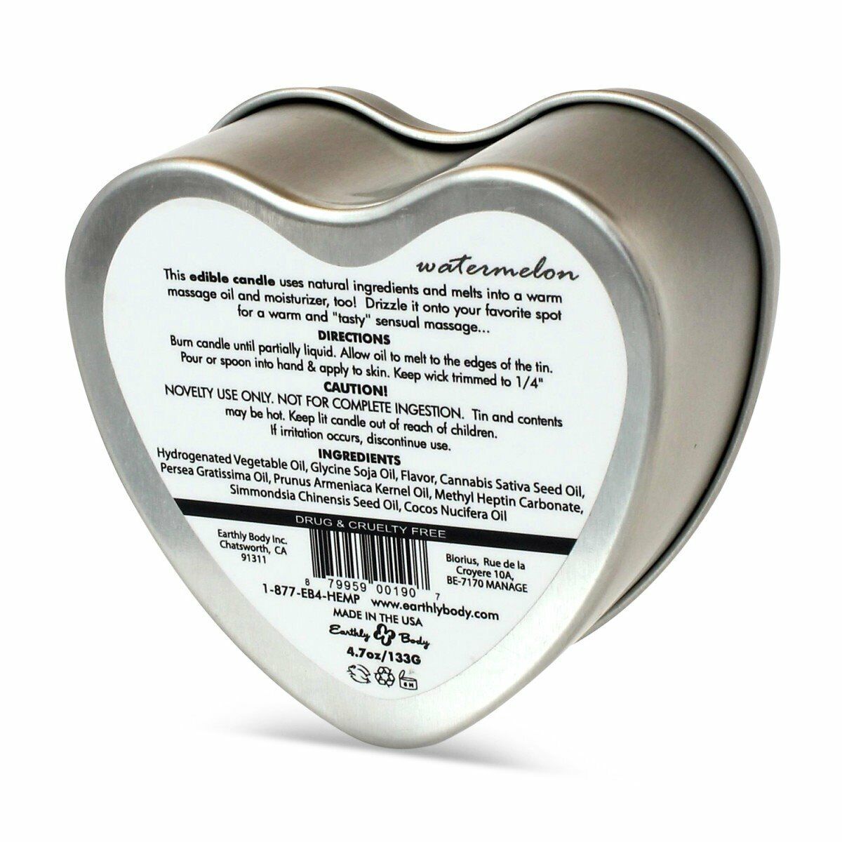 Earthly Body Edible Heart Massage Oil Candle Watermelon Flavored Scented 4.7oz