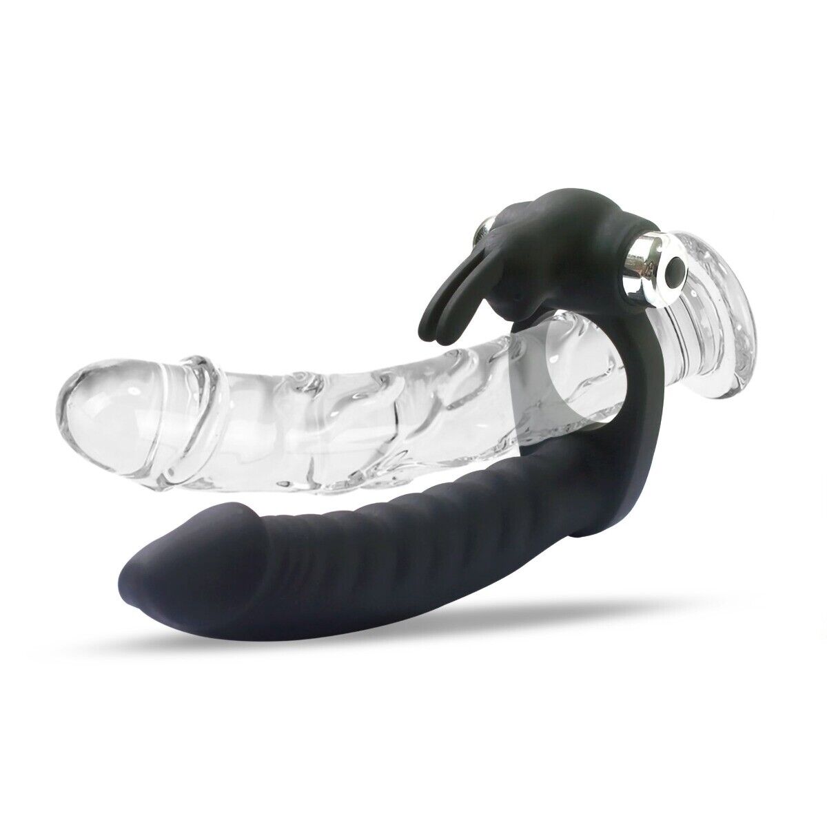 Silicone Vibrating Double Penetration DP Rabbit Cock Ring Anal Dildo Butt Plug