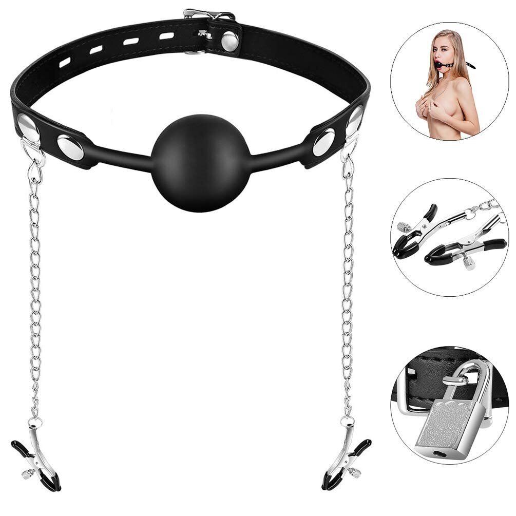 Lockable Silicone Mouth Ball Gag with Nipple Clamps Bondage Sex Toys for Couples