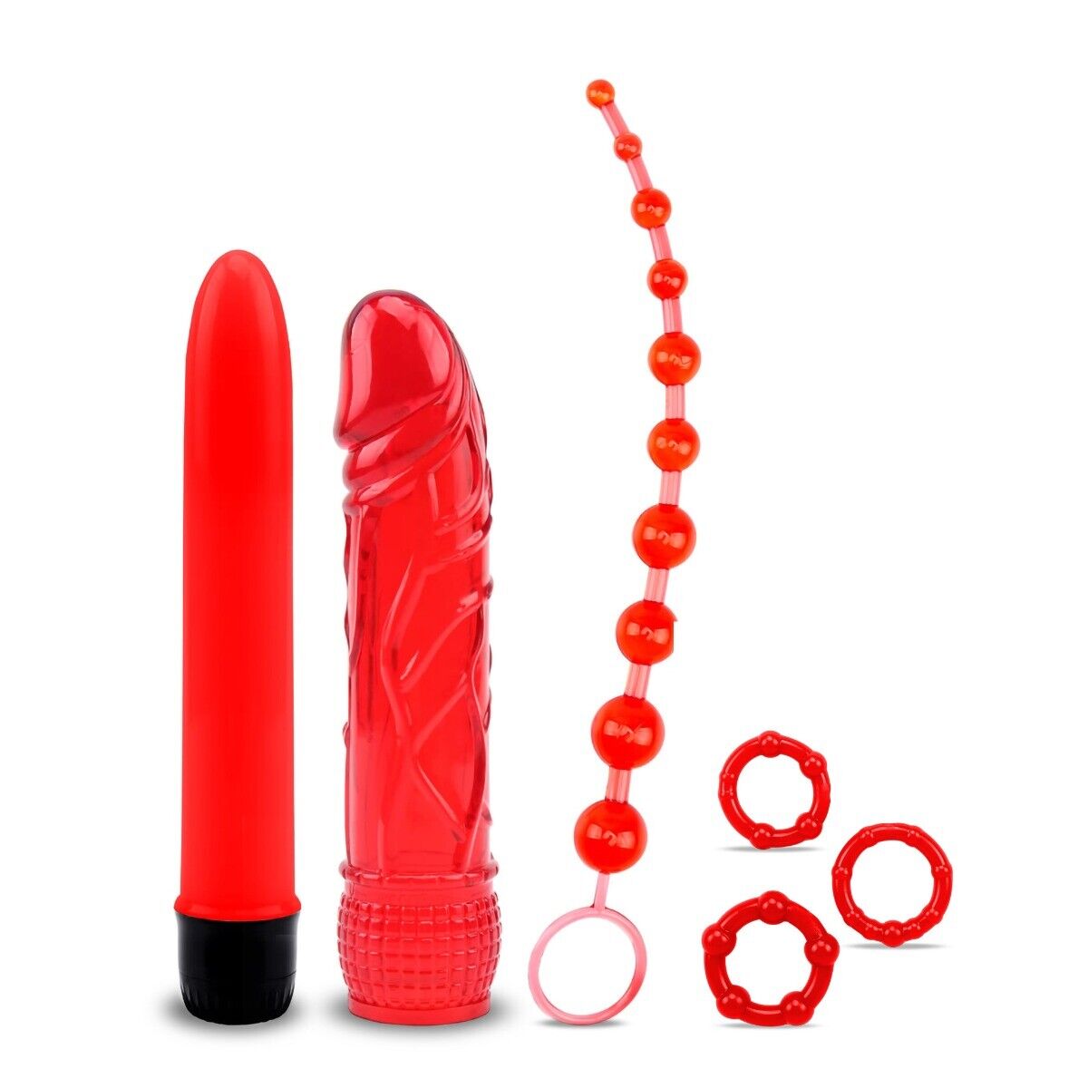 Red Lover Sex Toy Kit Anal Beads Penis Cock Ring Realistic Vibrator Dildo
