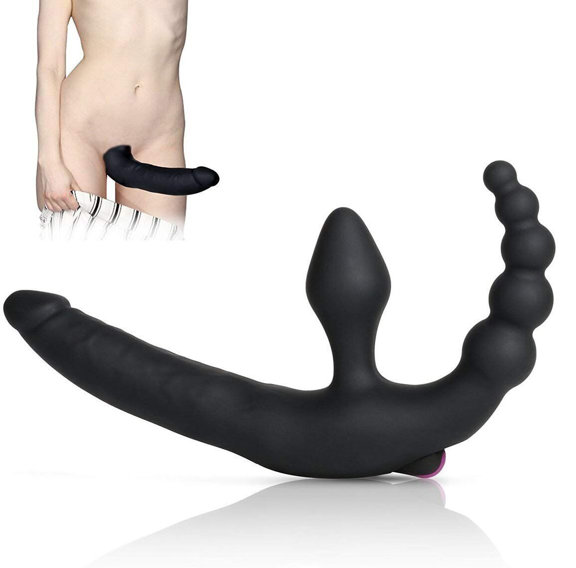Vibrating Double-Ended Strapless Strap-On Dildo Pegging Anal Vibe Lesbian Sextoy
