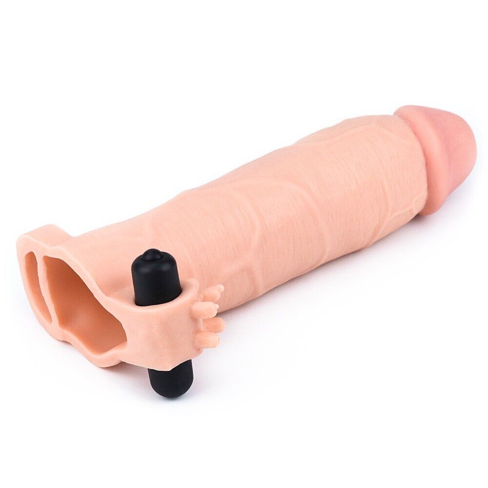 Add 3" Cock Length Vibrating Hollow Penis Extender Extension Sleeve Sheath Ring
