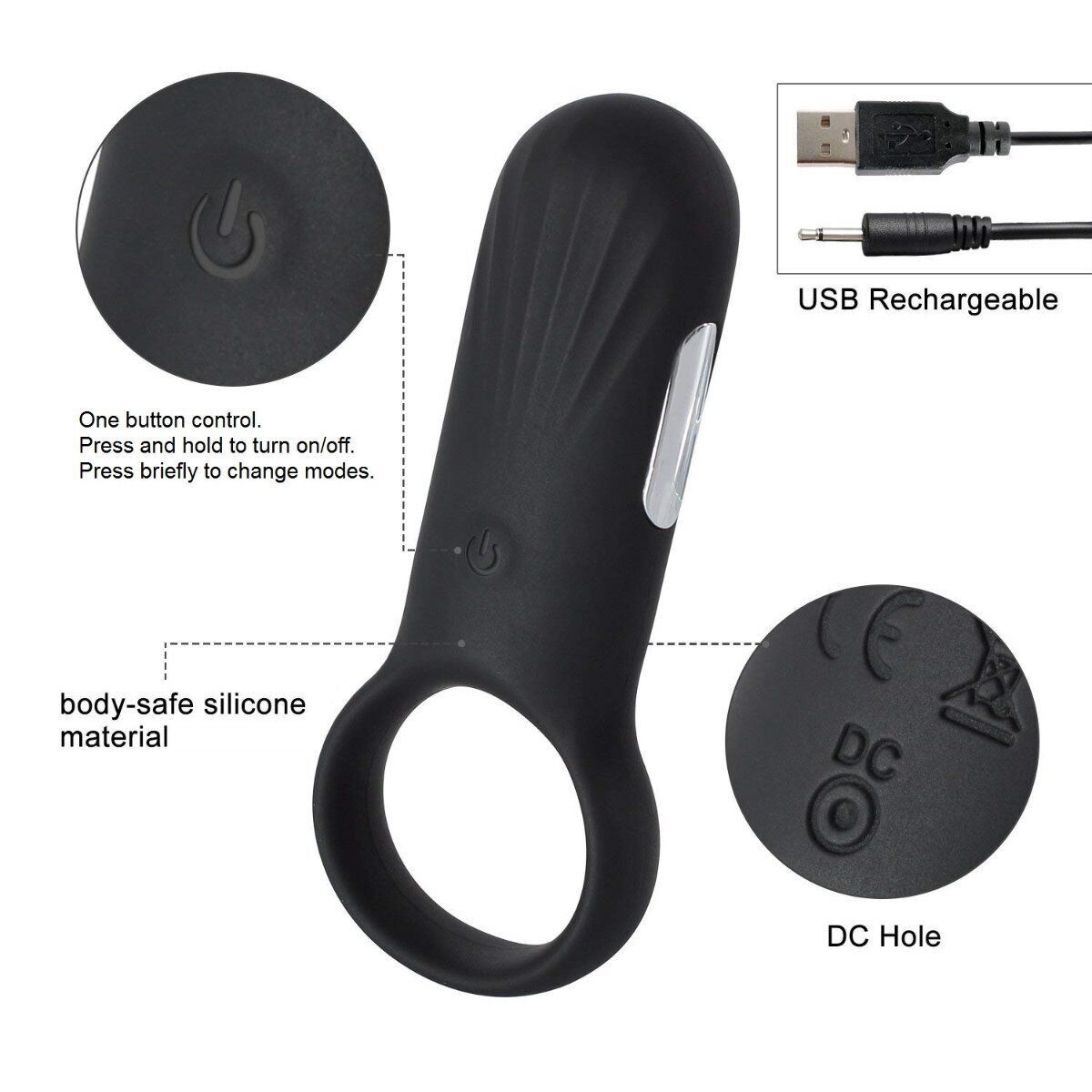 Rechargeable Vibrating Penis Cock Ring Prolong Delay Sex Toys for Men Couples