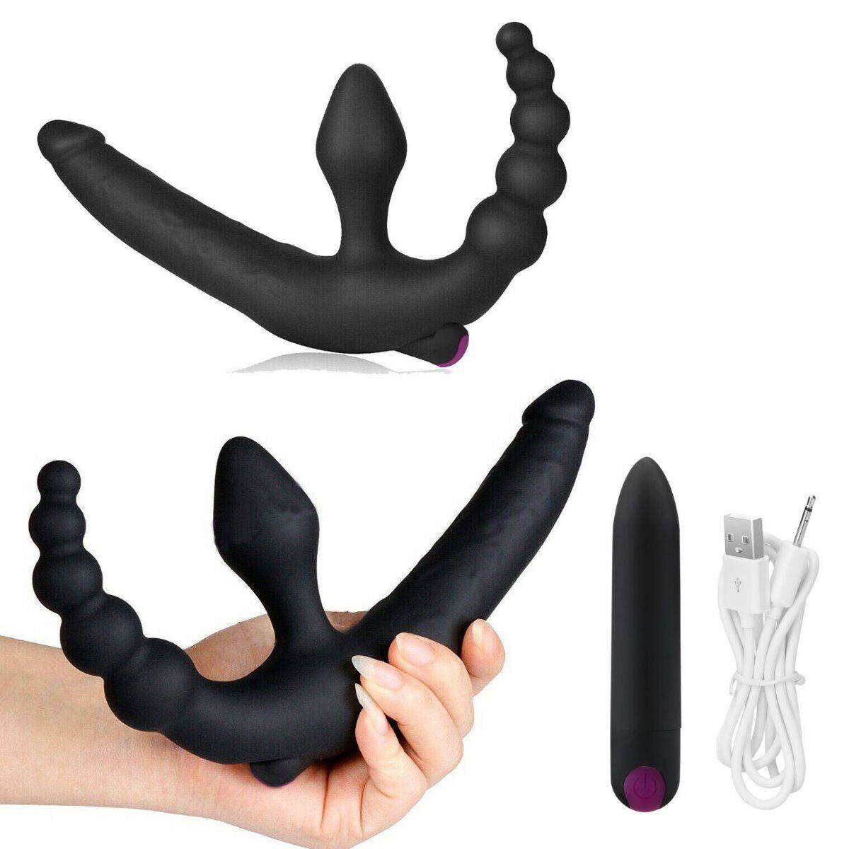 Vibrating Double-Ended Strapless Strap-On Dildo Pegging Anal Vibe Lesbian Sextoy
