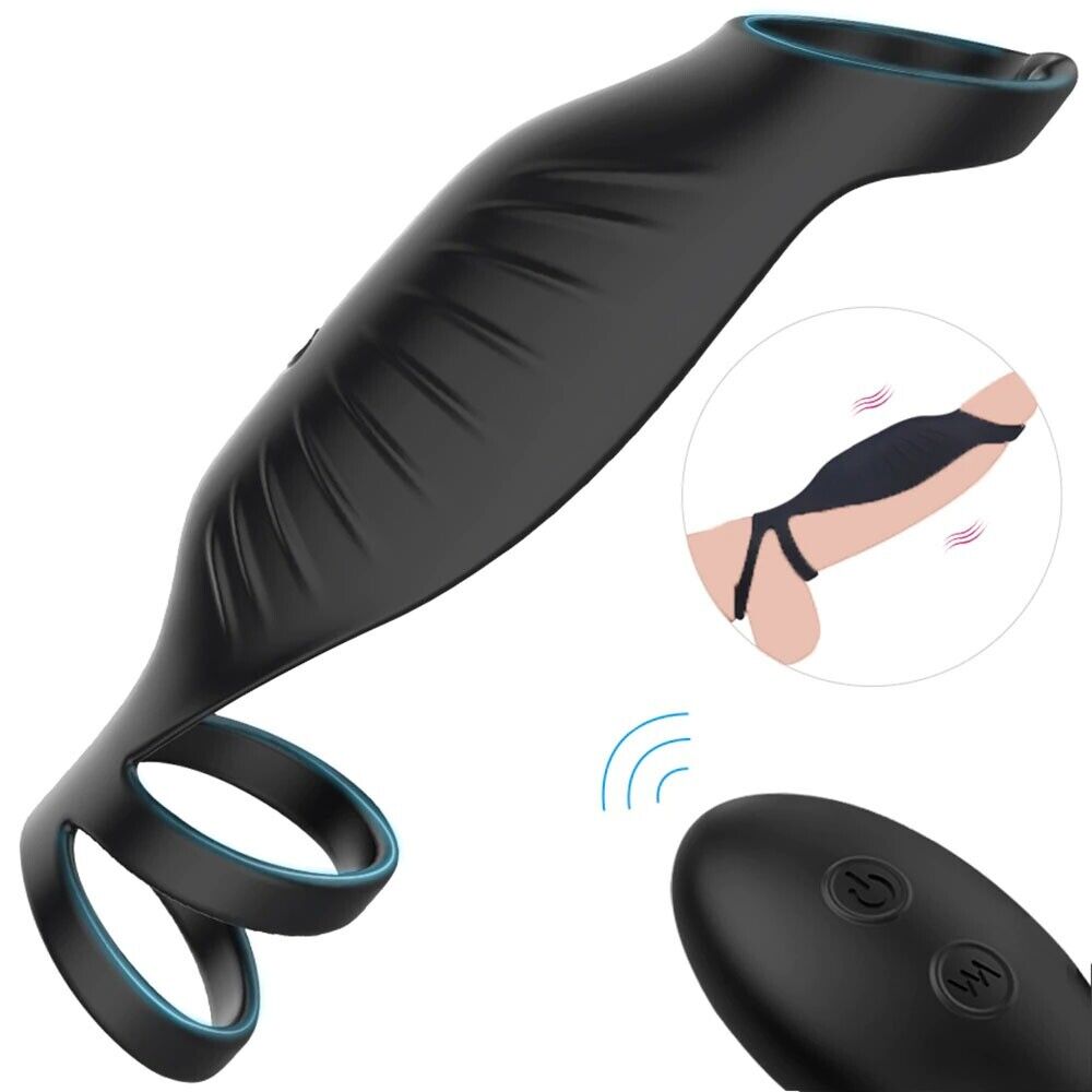 Wireless Vibrating Triple Cock Ring Penis Extension Sleeve Girth Enlarger