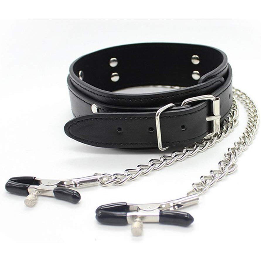 Fantasy SM Bondage Nipple Clamps with Metal Chain and Collar BDSM Gear Sex Toys